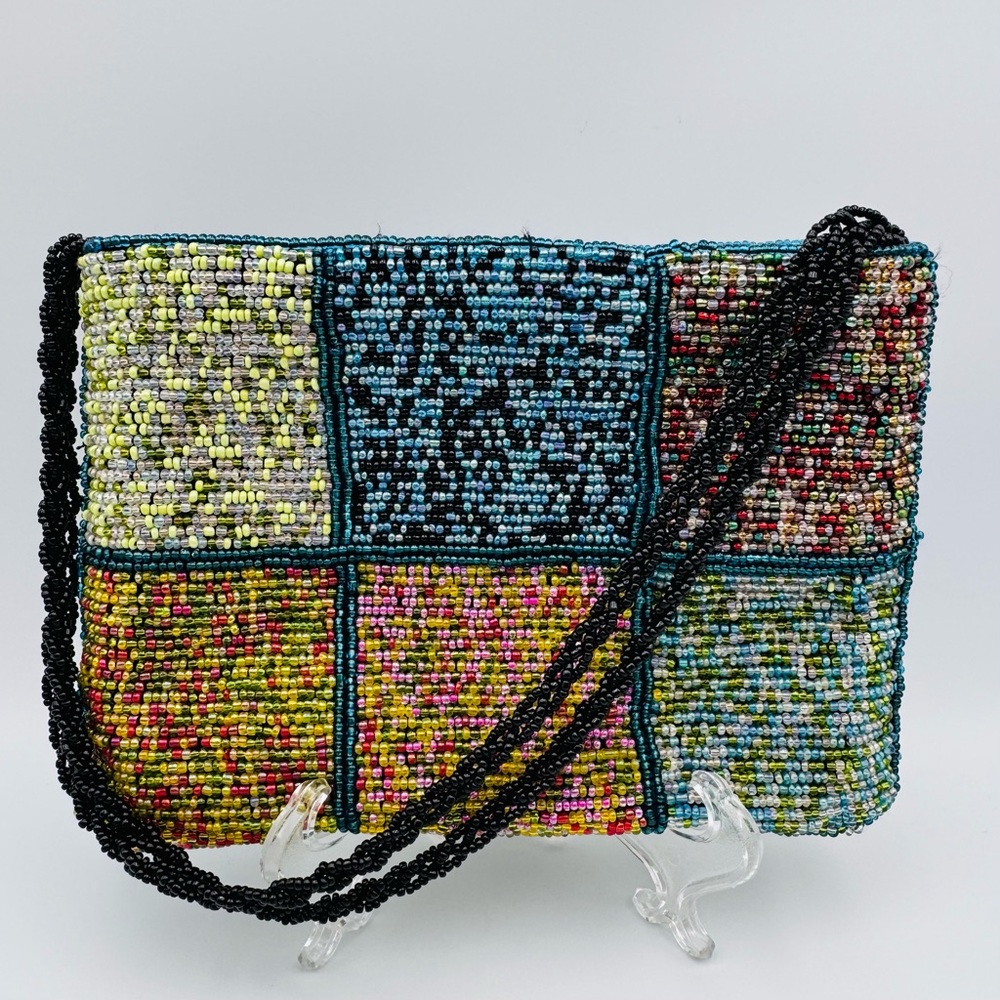 Comeco Black Satin Silk Evening Purse Handbag Iridescent Multi-Color Beaded 5x7
